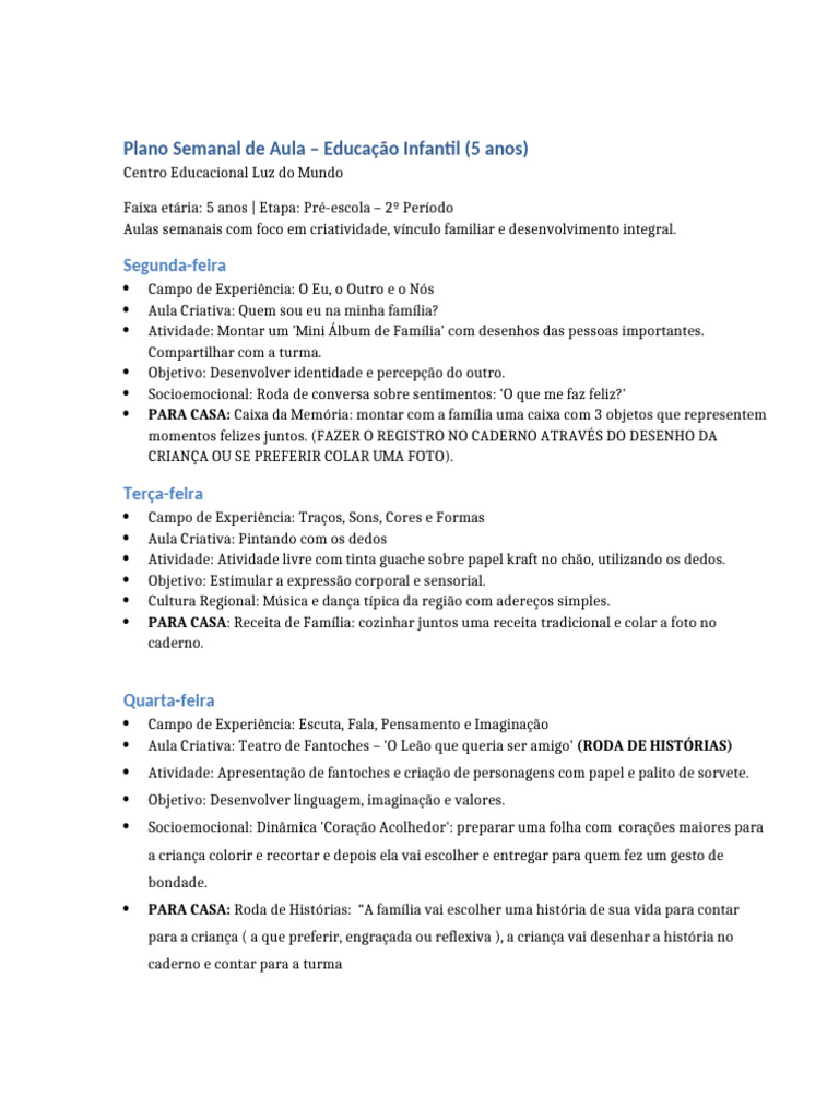 Plano de Aula: Educação Infantil 5 Anos | PDF | Pré-escola | Família