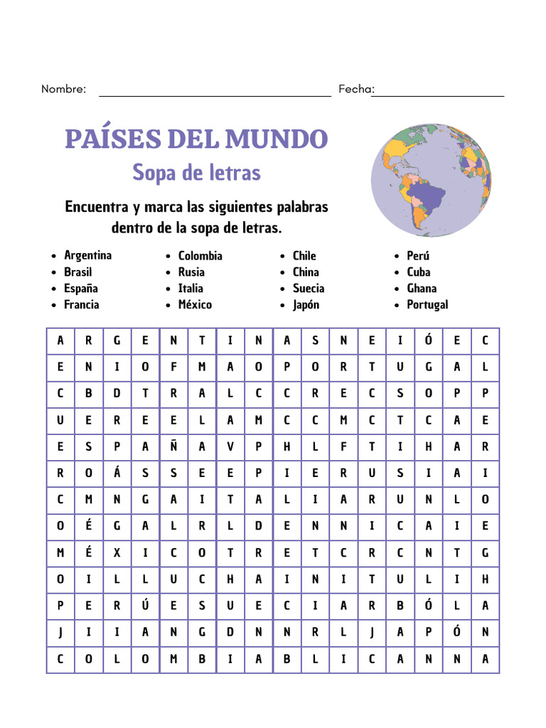 Hoja de Trabajo Sopa de Letras Países Del Mundo Simple Morado | PDF
