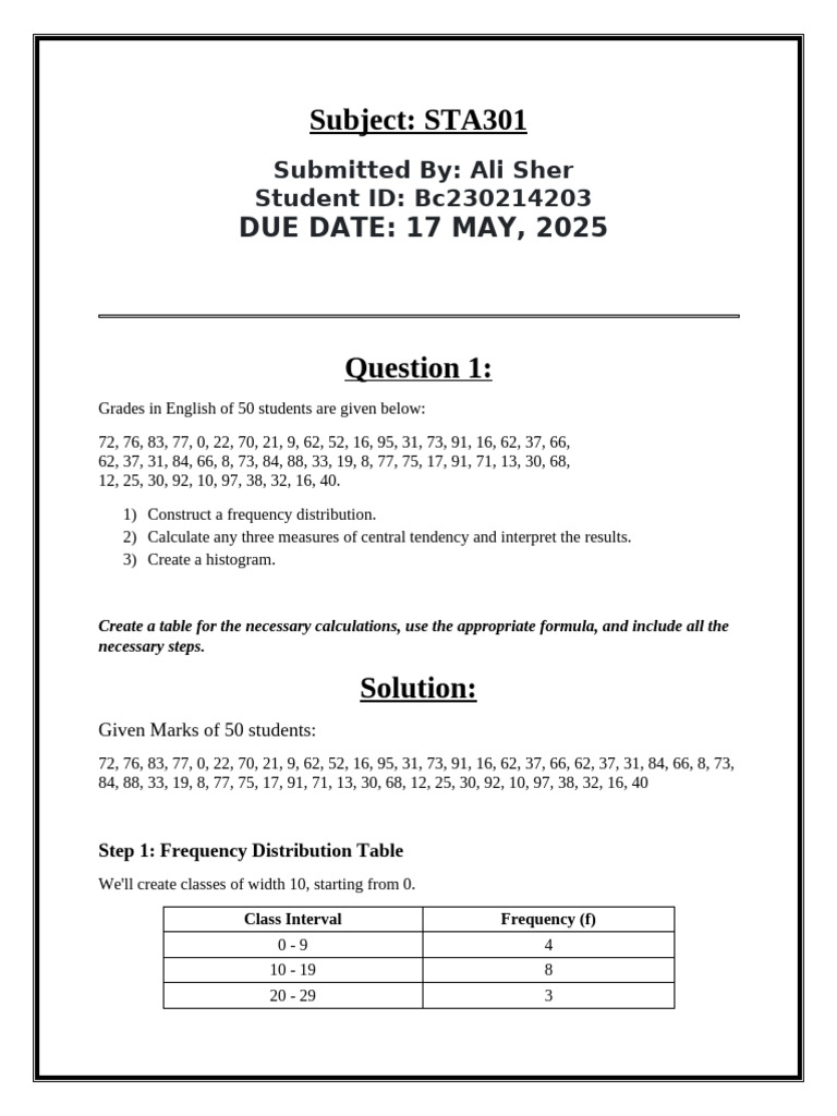 STA301 Student Grades Analysis Report | PDF | Mode (Statistics ...