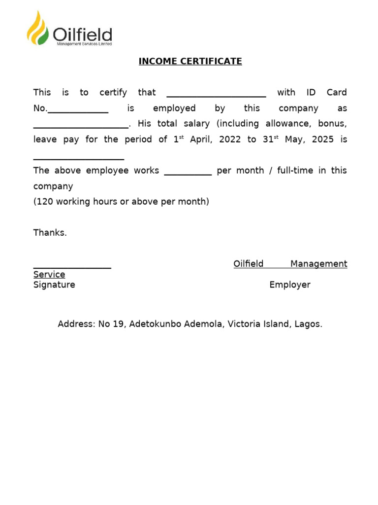 Income Certificate for Employment Verification | PDF