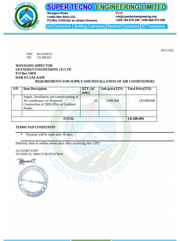 Air Conditioner Supply & Installation Quote | PDF