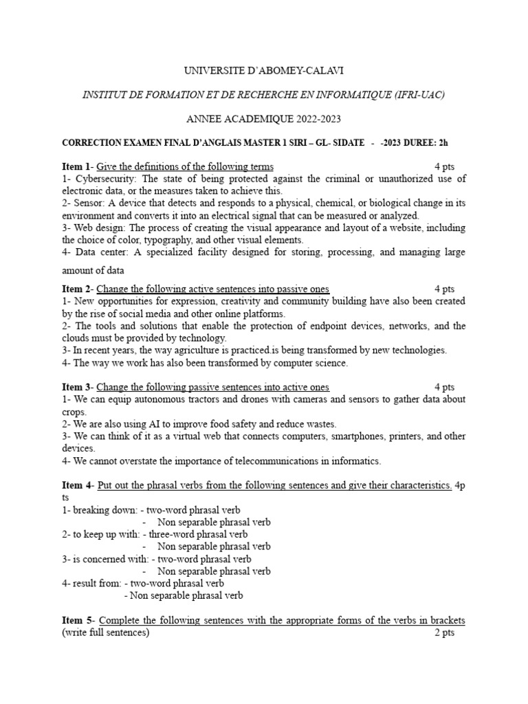 Master 1 English Exam Correction 2023 | PDF | World Wide Web | Internet ...