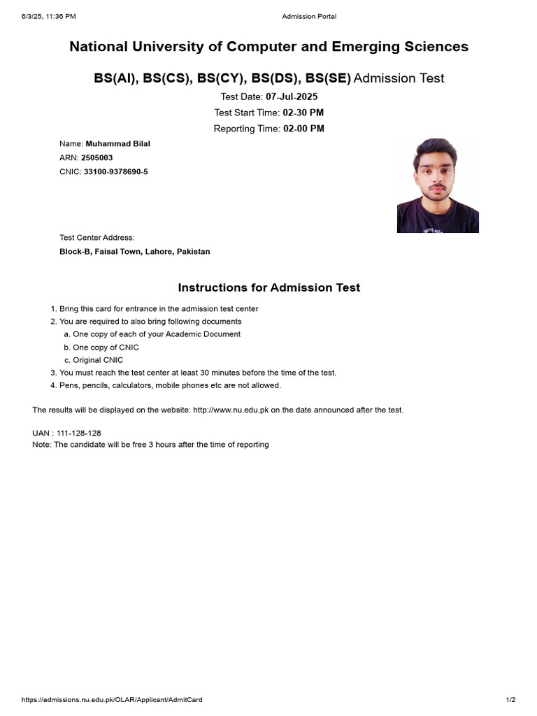 NU Admission Test Card 2025 | PDF