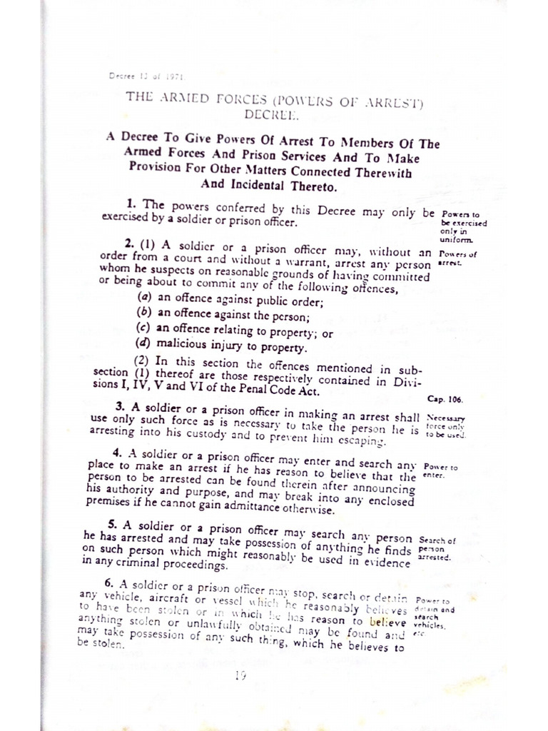 The Armed Forces (Powers of Arrest) Decree 13 of 1971 | PDF