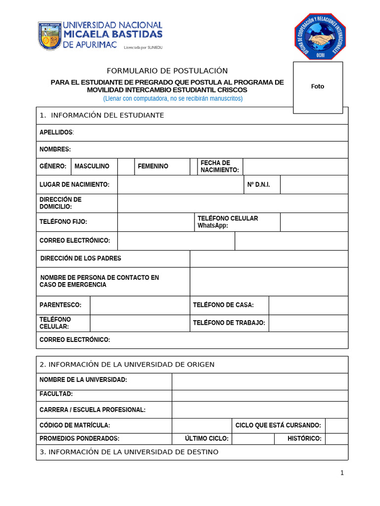 Formulario de Postulación Intercambio Estudiantil | PDF