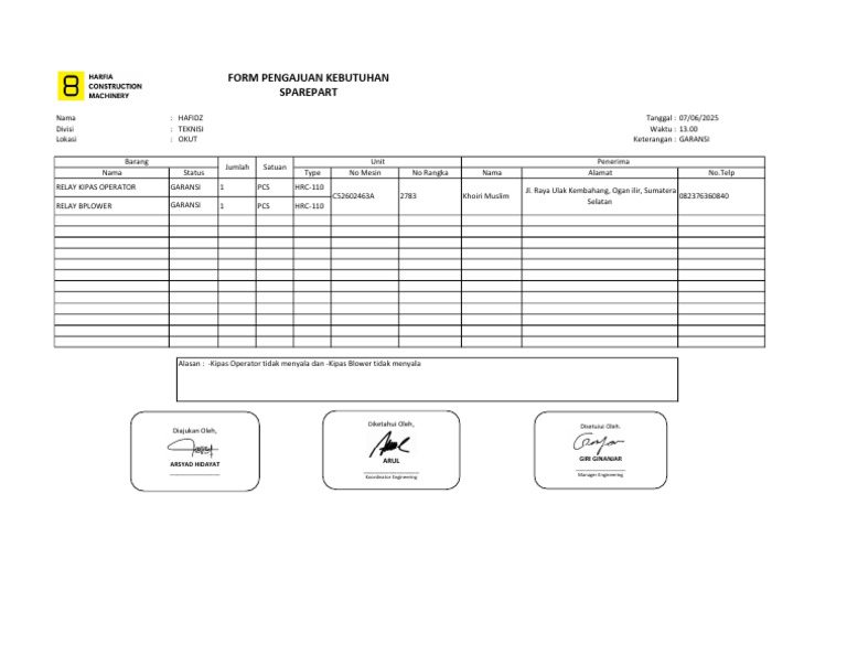 Form Pengajuan Sparepart Pdf