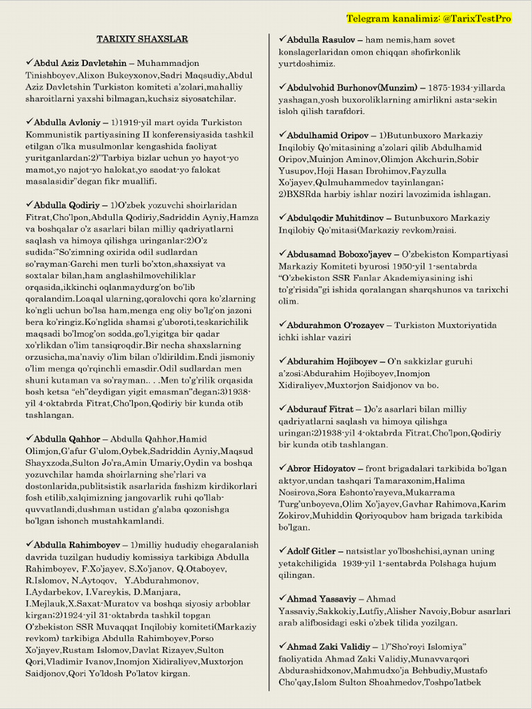 10 - UZB Tarixiy Shaxslar TarixTestPro | PDF