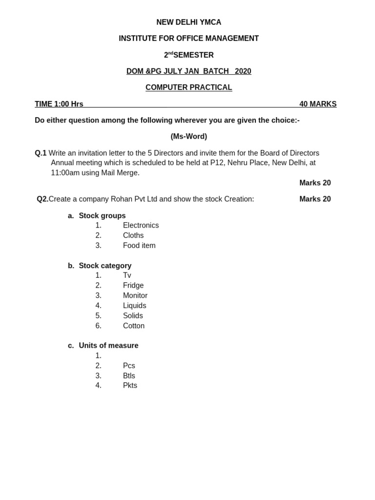 Sem II July & Jan Batch Practical Question Paper 2020 | PDF
