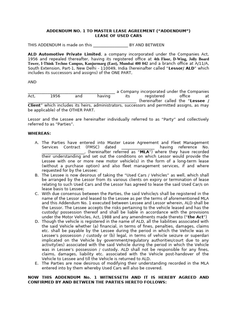 ALD Used Car Lease Agreement Addendum | PDF | Lease | Indemnity