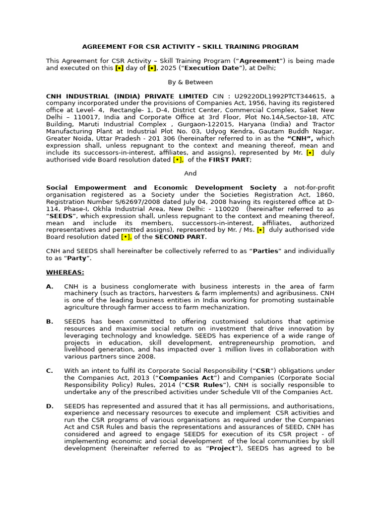 CSR Agreement for Skill Training Program | PDF | Arbitration ...