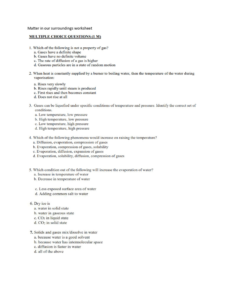 Matter in Our Surroundings Worksheet PDF