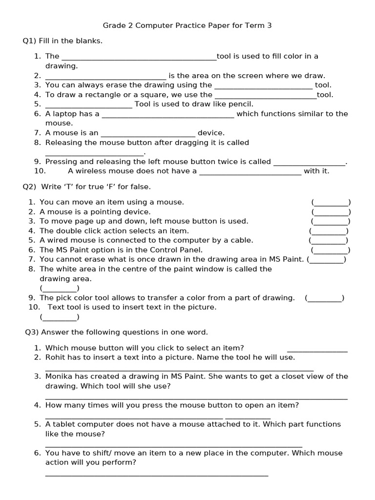 Grade 2 Computer Practice Paper For Term 3 | PDF | Drawing | Computing