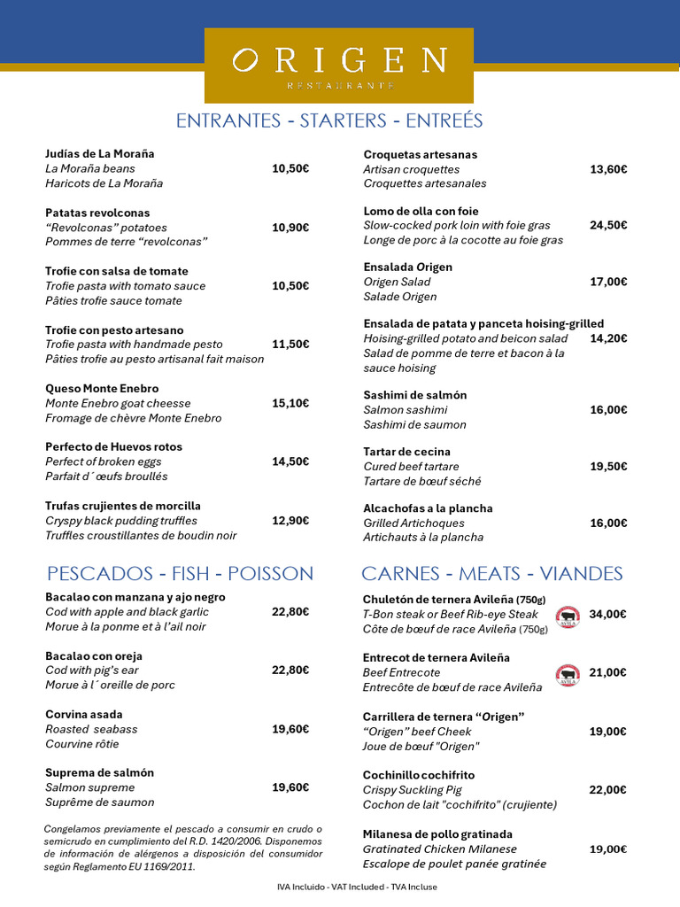 Menú del Restaurante Origen Ávila | PDF | Alimentos | Cocina