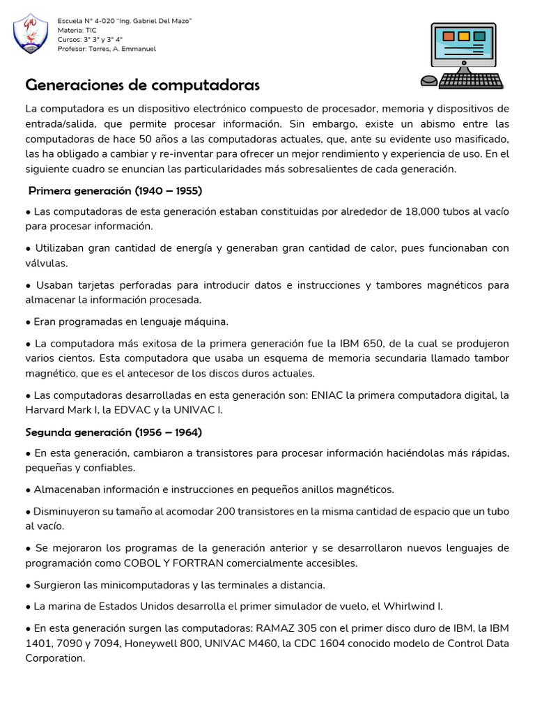 Evolución de las Generaciones de Computadoras | PDF | Microprocesador ...