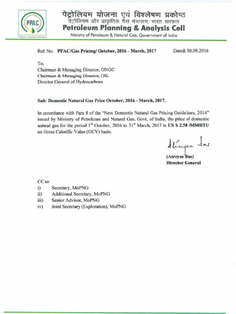Domestic Gas Price Notification Oct 2016 To Mar 2017 | PDF