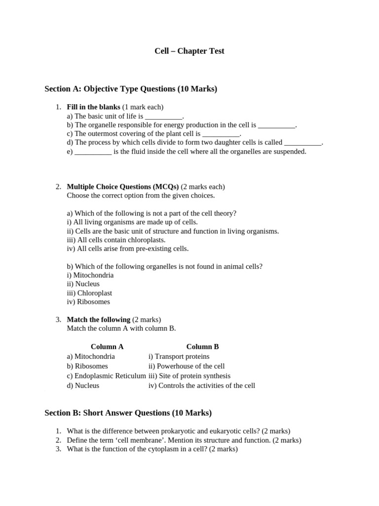 Cell Chapter Test: Questions & Answers | PDF