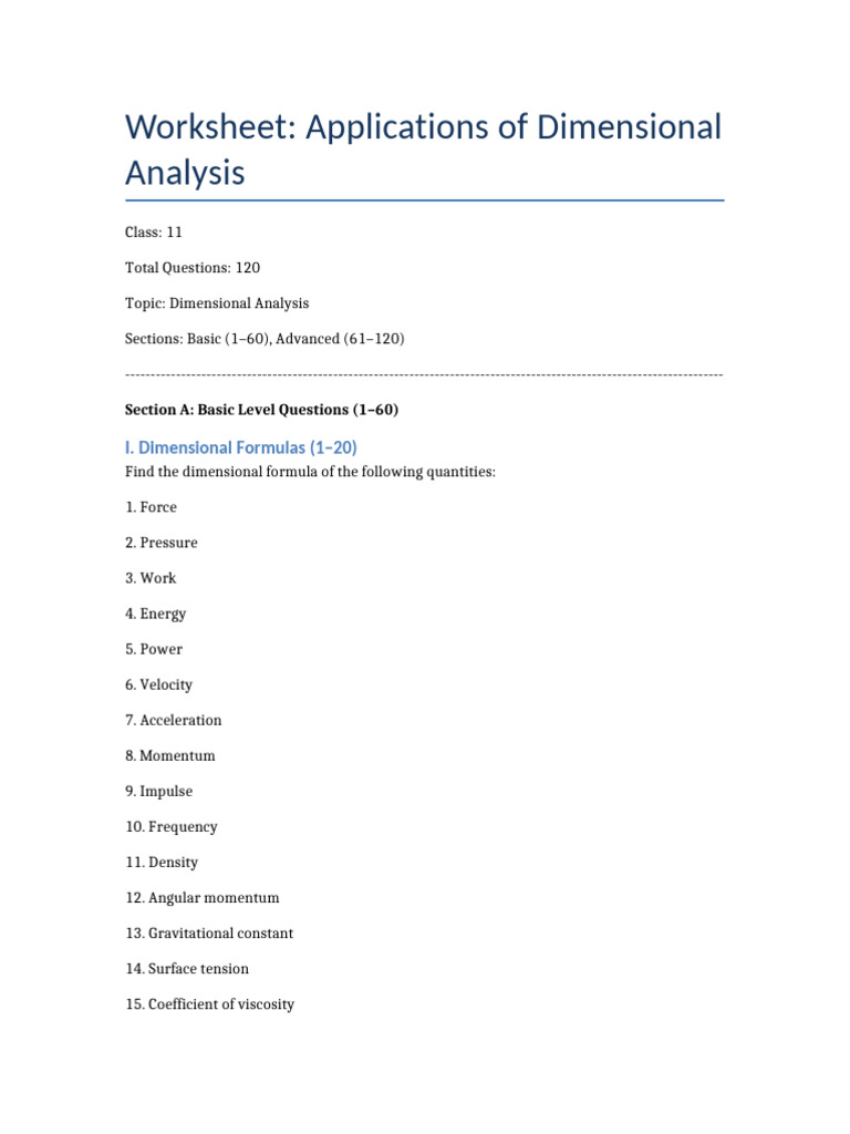 Printable Dimensional Analysis Worksheet Class11 | PDF | Force | Momentum