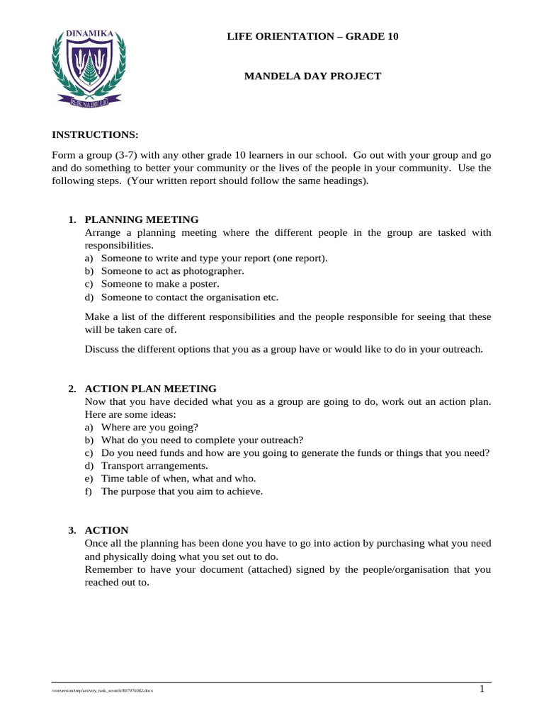 LO GR 10 Mandela Day Project PDF Learning