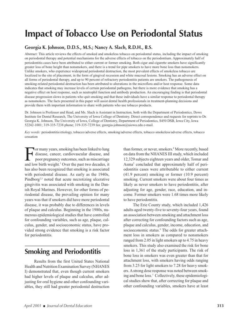 Impact of Tobacco Use On Periodontal Status: Smoking and Periodontitis ...