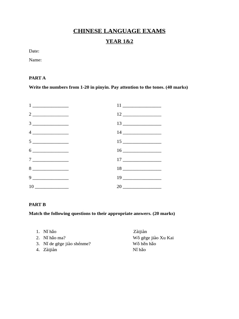 Chinese Language Exam for Beginners | PDF