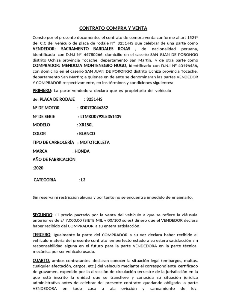 Contrato de Compra Venta de Motocicleta | PDF