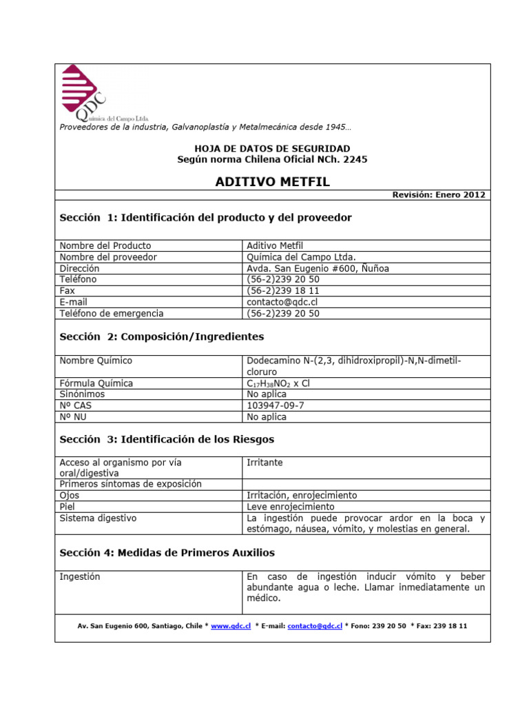 Hoja de Seguridad Aditivo Metfil | PDF | Agua