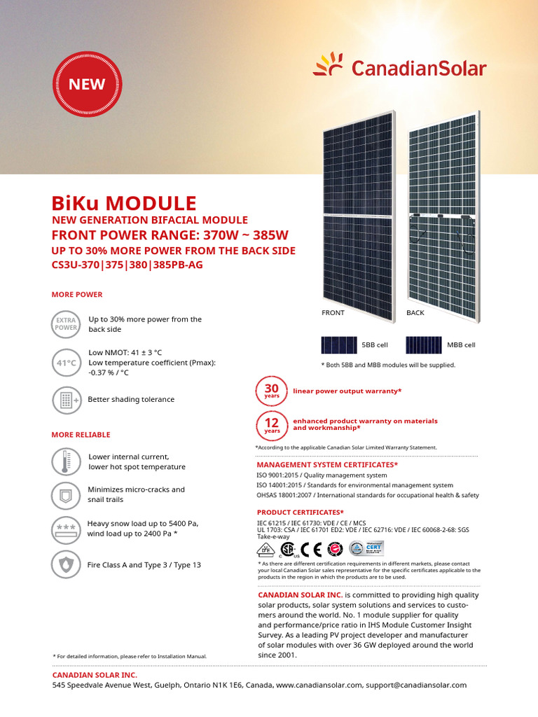 Canadian Solar 375W Module Datasheet | PDF | Solar Panel | Electricity