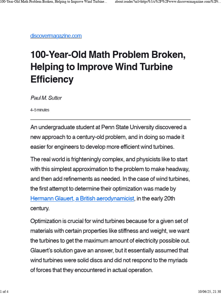 Divya Tyagi's Breakthrough in Wind Turbine Math | PDF | Turbine | Wind ...