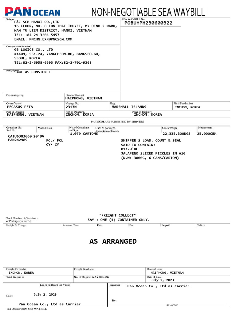 MBL Pobuhph230600322 SWB | PDF | Logistics | Transport