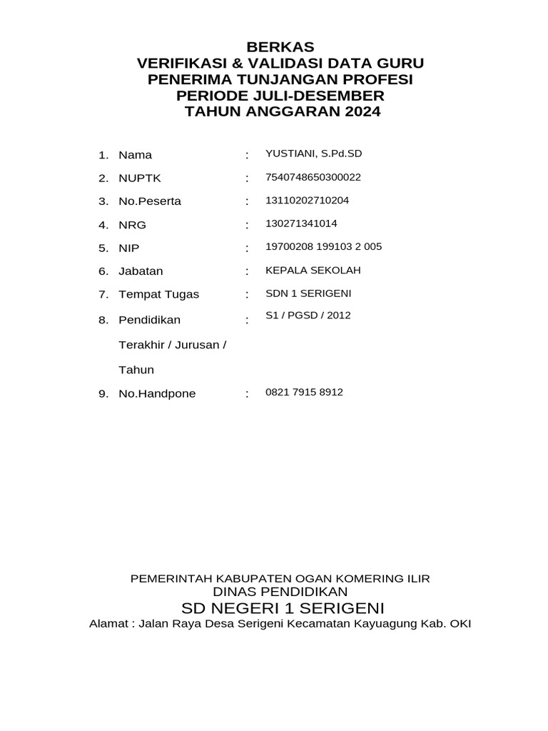 Verifikasi Data Guru Tunjangan 2024 | PDF