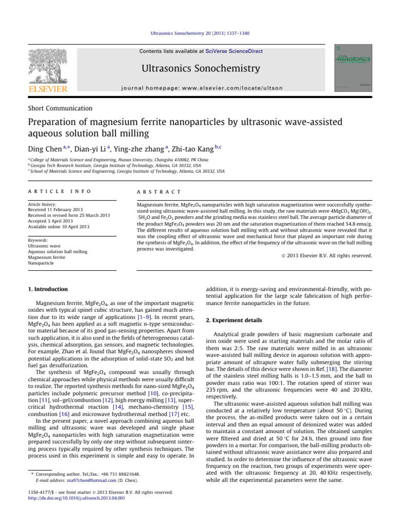 Ultrasonic-Assisted MgFe2O4 Nanoparticle Synthesis | PDF | Ultrasound ...