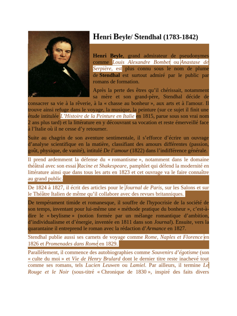Stendhal : Vie et Œuvre d'Henri Beyle | PDF