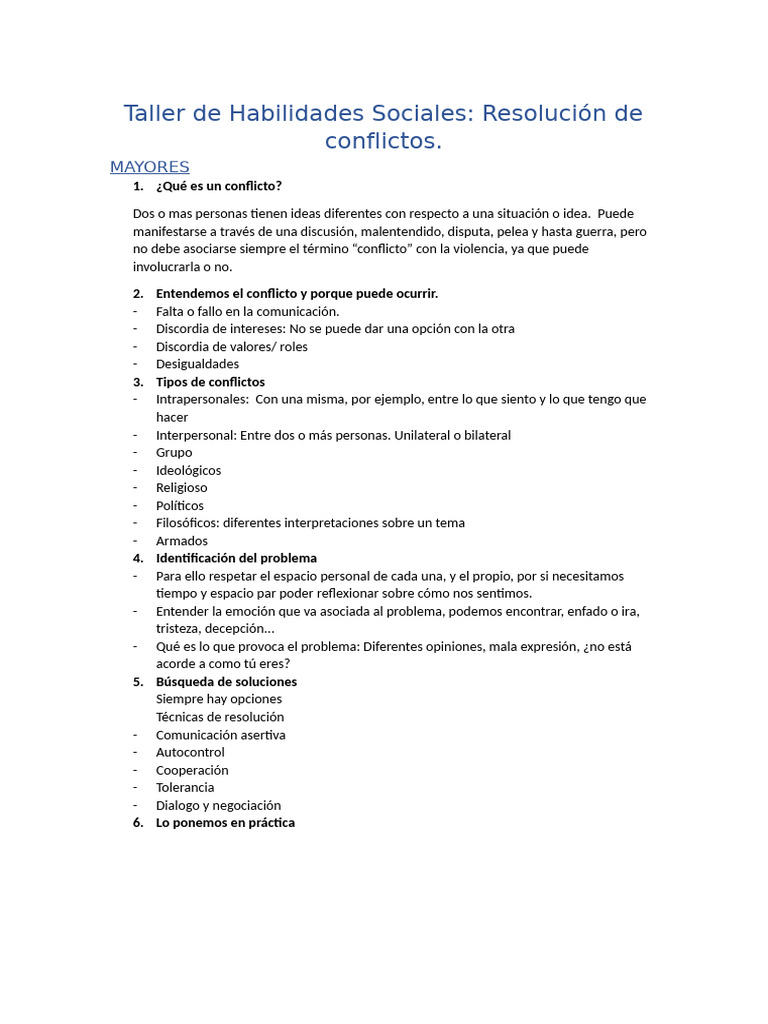 Programa Taller de Habilidades Sociales. Resolución de Conflictos | PDF ...