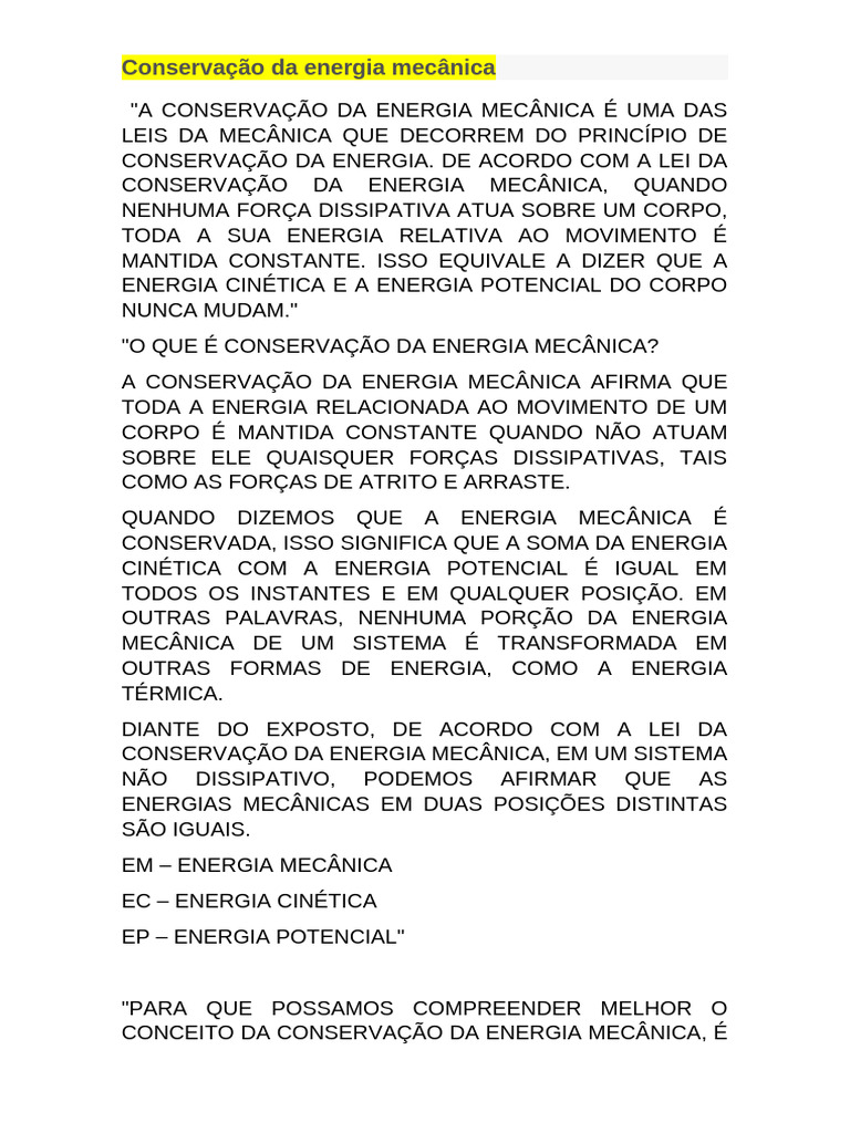 Conservação da Energia Mecânica | PDF | Energia potencial | Energia ...