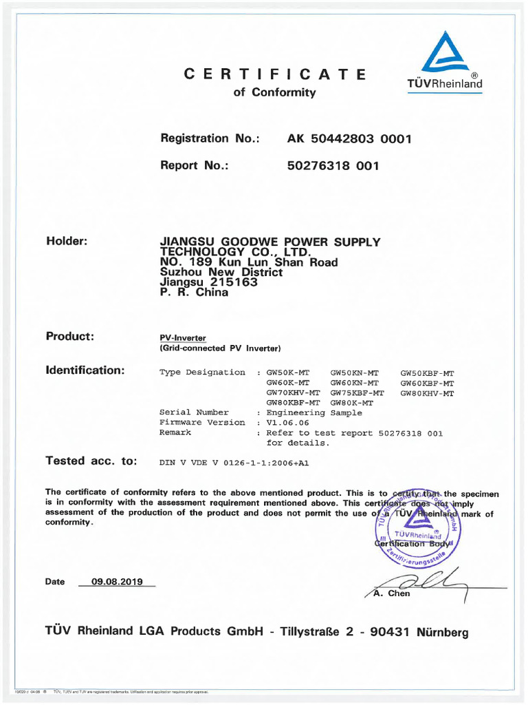 GW LVMT Certificate-VDE0126 | PDF