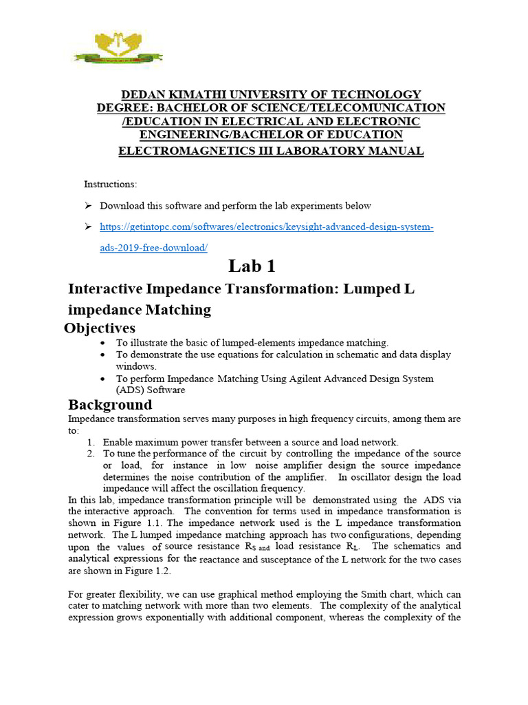Impedance Matching Lab Manual Using ADS | PDF | Transmission Line ...