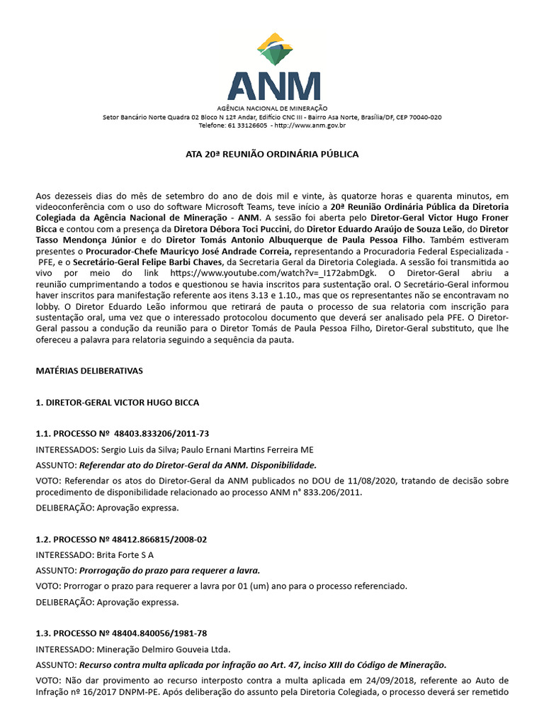 Ata da 20ª Reunião da ANM em 2020 | PDF | Mineração | Indenização