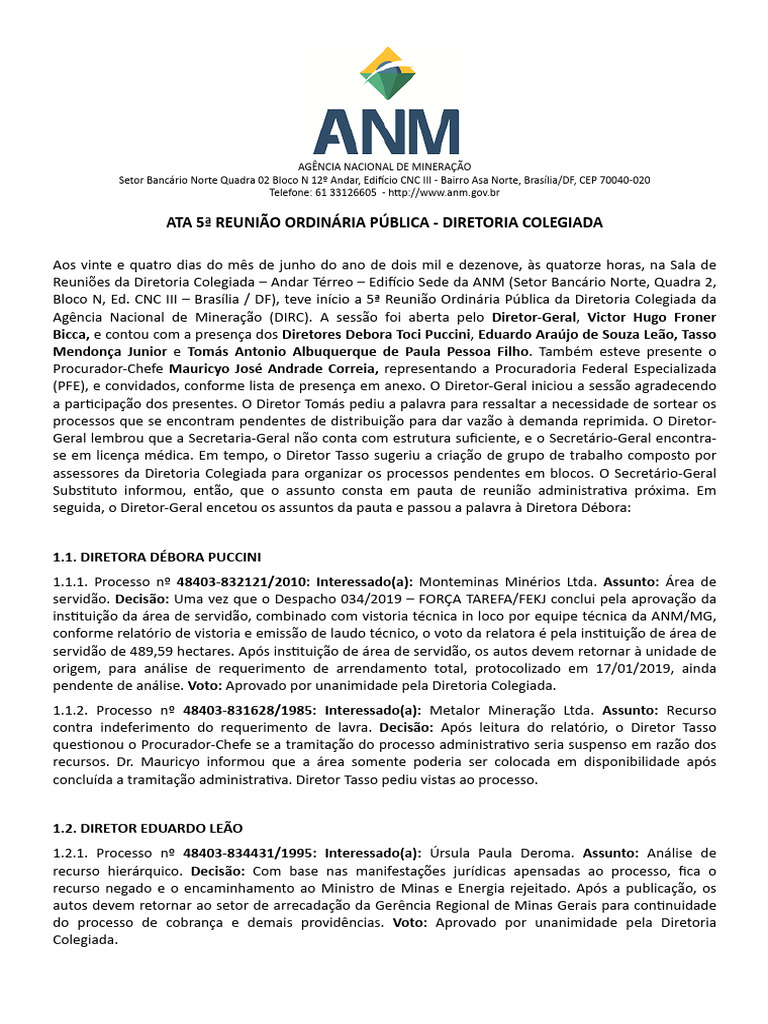 Ata da 5ª Reunião da ANM em 2019 | PDF