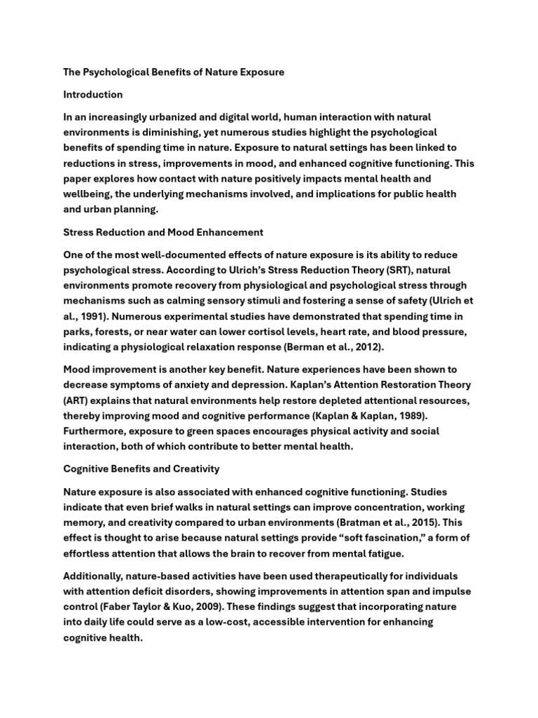 Psychological Benefits of Nature Exposure | PDF | Stress (Biology ...