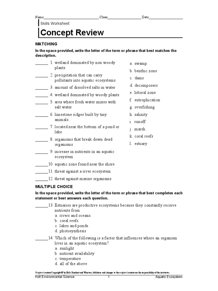 Worksheets Holt Environmental Science Worksheets worksheets on aquatic ecosytems ecosystem coral reef