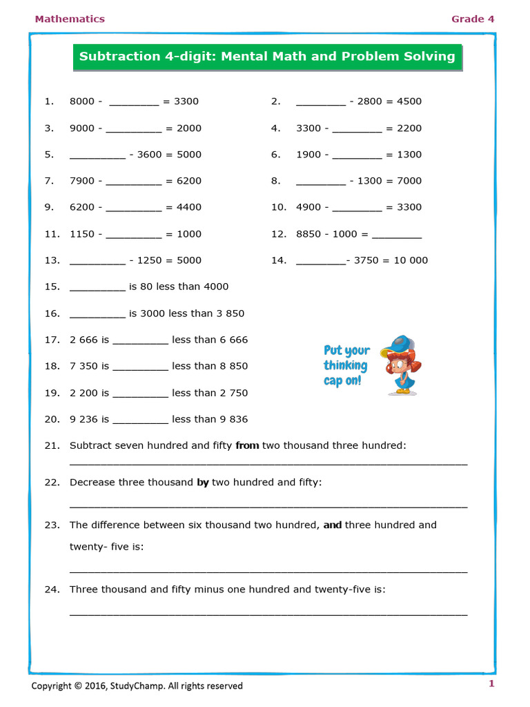 Grade 4 Subtraction Problem Solving | PDF | Subtraction | Mathematics