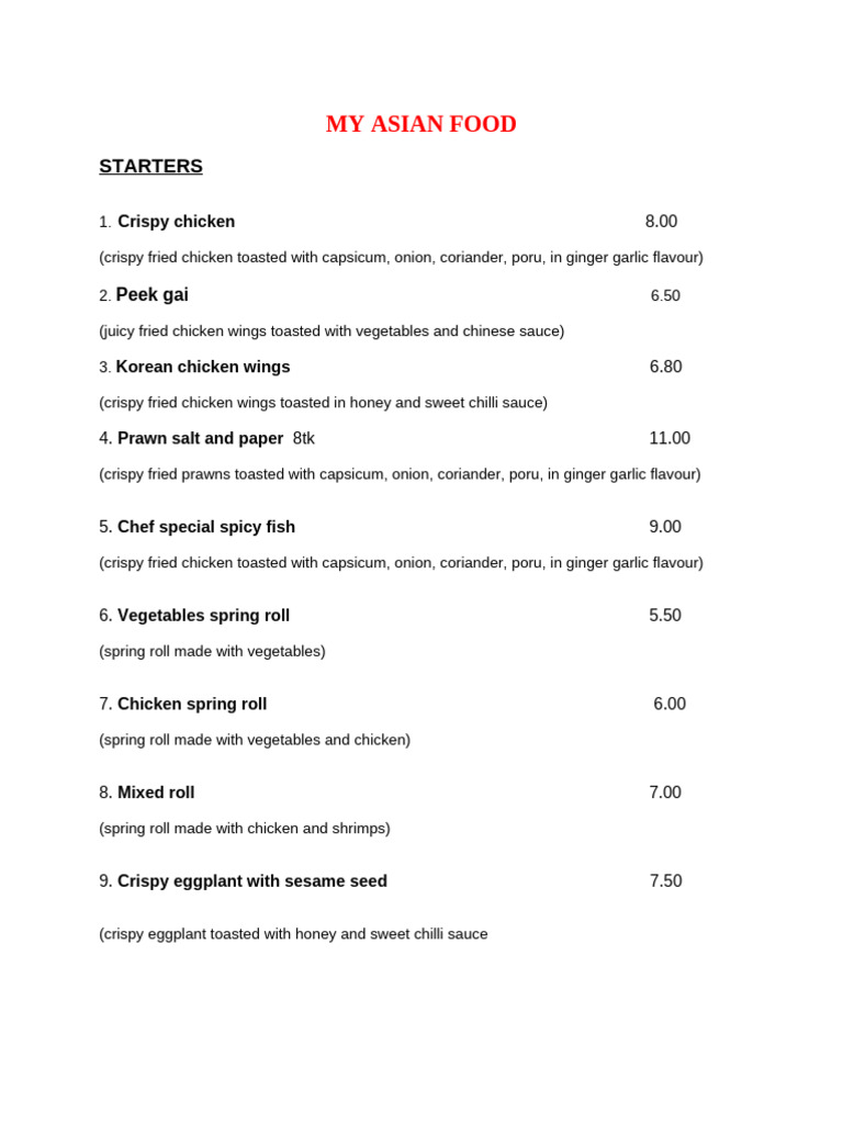Asian Cuisine Menu: Starters to Desserts | PDF | Curry | Thai Cuisine