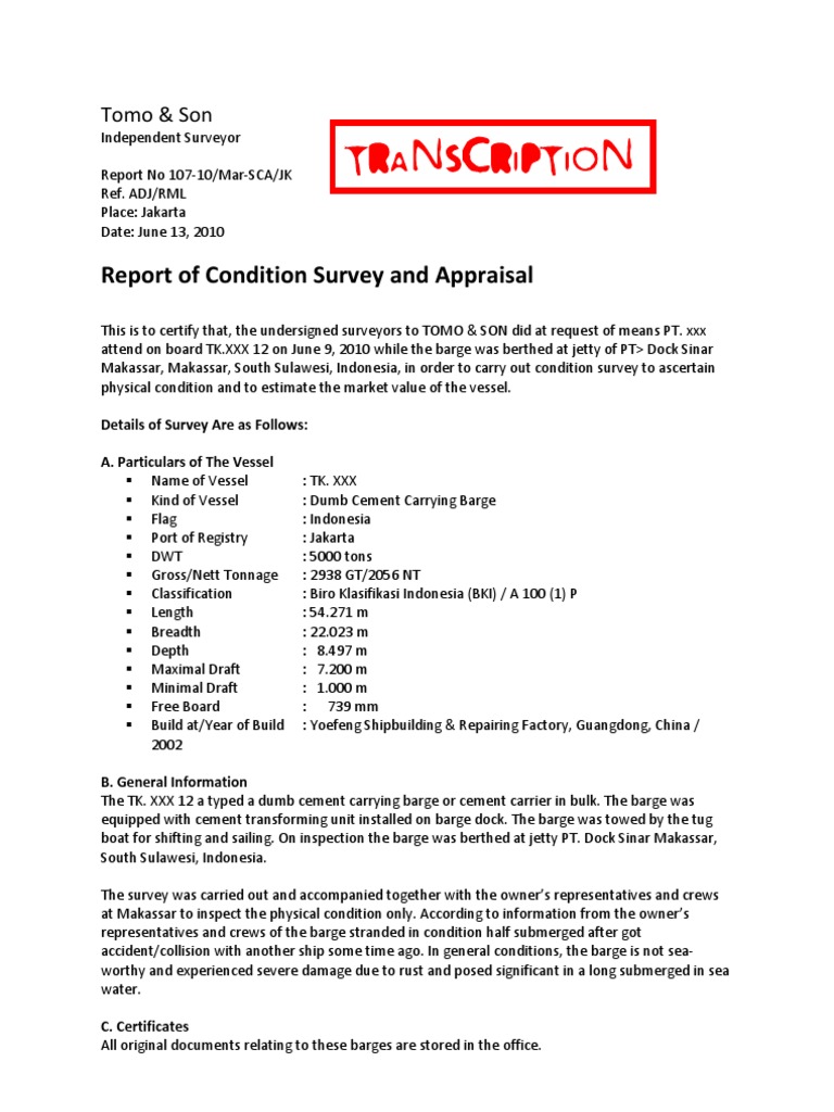 Tomo & Son Condition Survey Report | PDF | Hull (Watercraft) | Deck (Ship)