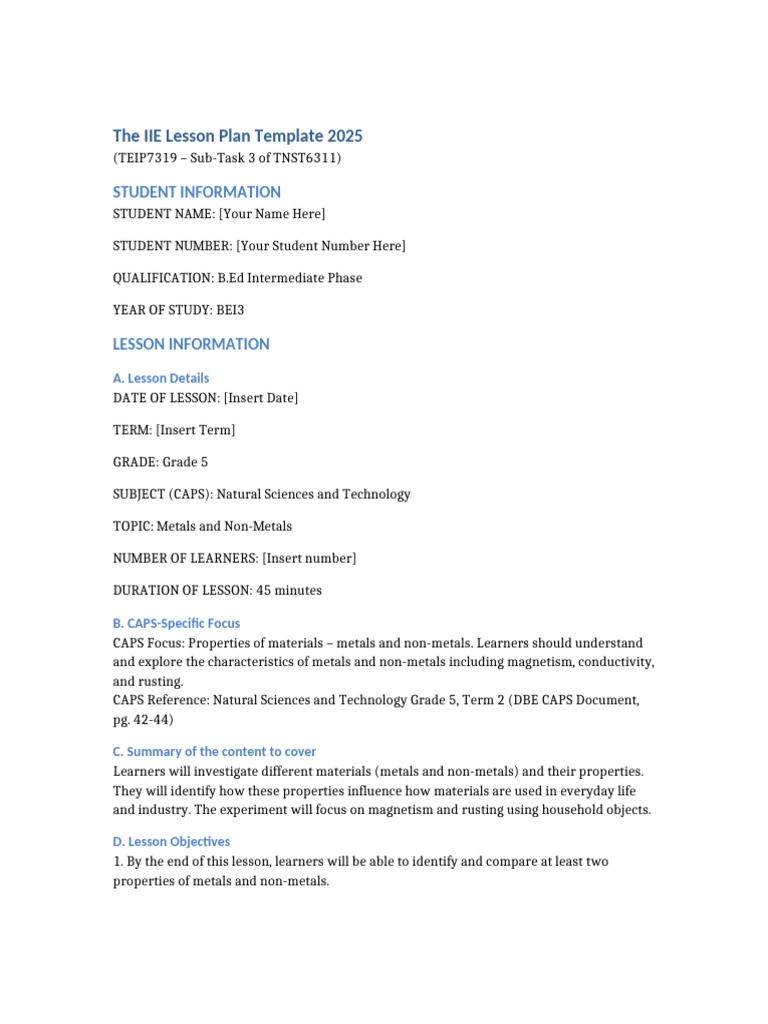 Complete Metals NonMetals LessonPlan SubTask3 | PDF | Learning | Experiment