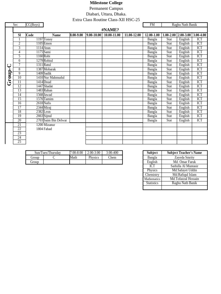 HSC-25 Extra Class Routine for Class XII | PDF