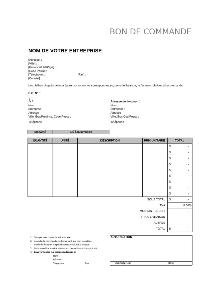 Modèle de bon de commande Excel | PDF | Taxe sur la valeur ajoutée