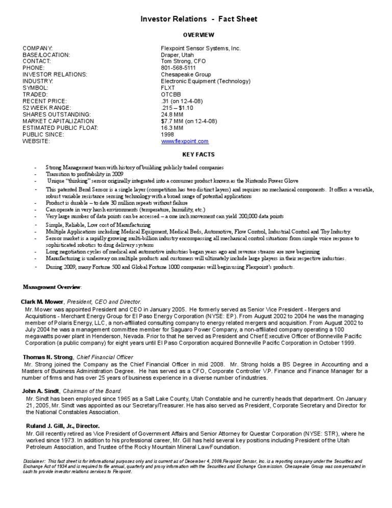 Flexpoint Sensor Systems Investor Fact Sheet | PDF | Chief Financial ...