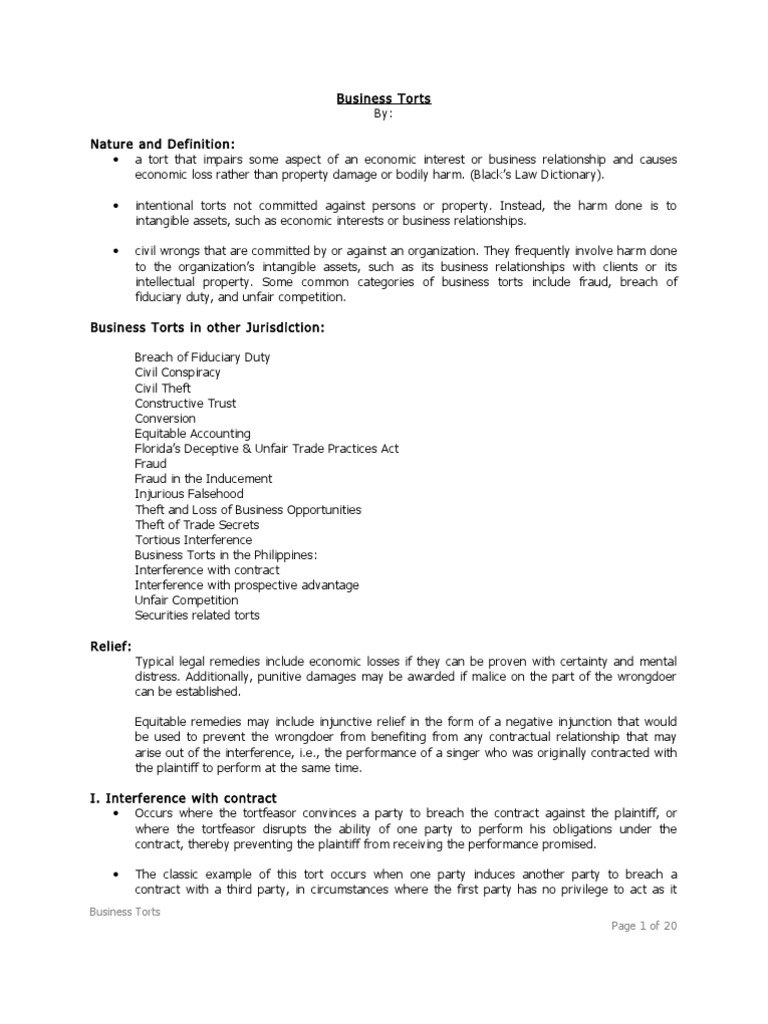Business Torts PDF Tortious Interference Tort