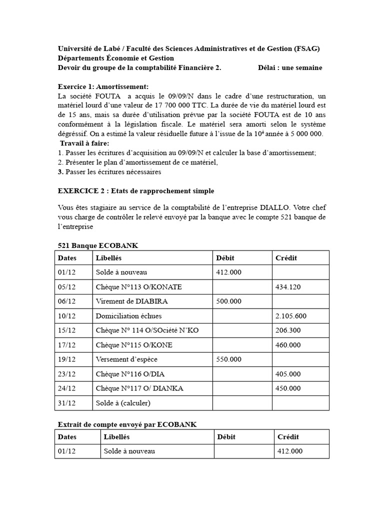 Devoir de comptabilité financière FSAG | PDF | Dépréciation | Banques