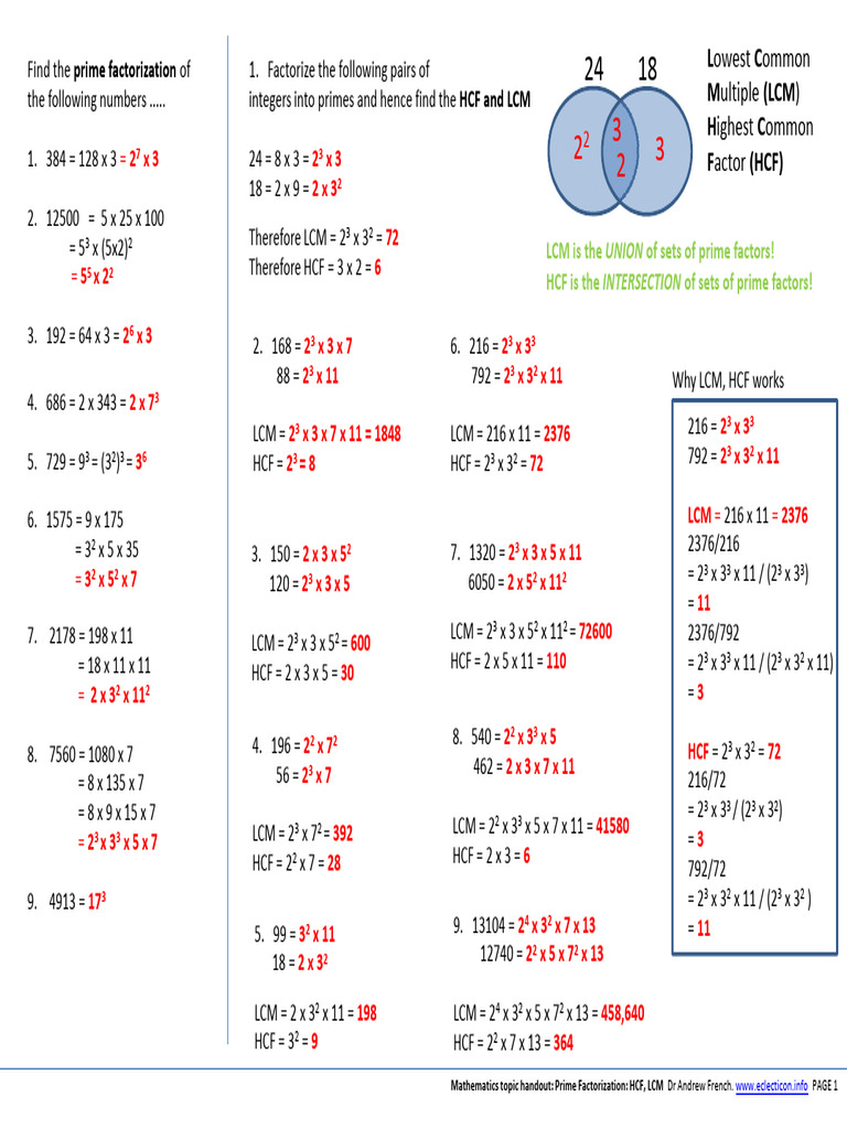 Prime Factorization, HCF, and LCM Guide | PDF | Abstract Algebra ...